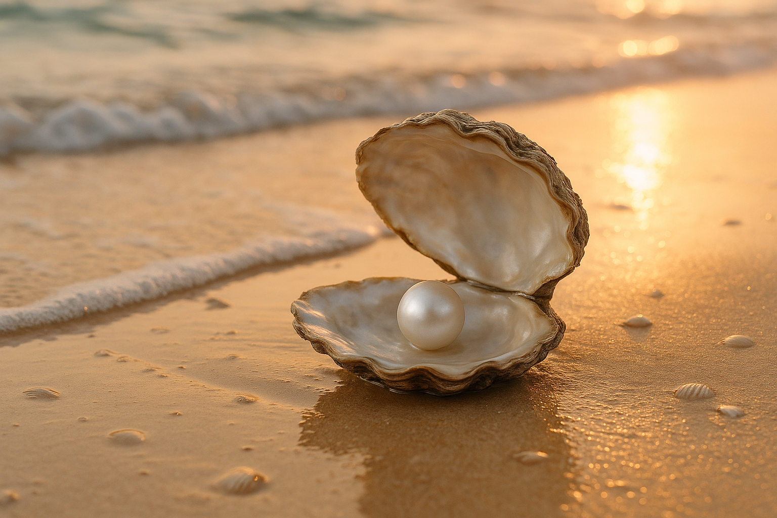 oyster with pearl inside on the beach